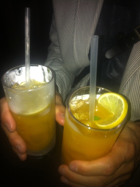 Drinks being served at the Los Carpinteros bar...carrot juice, vodka, cilantro deliciousness